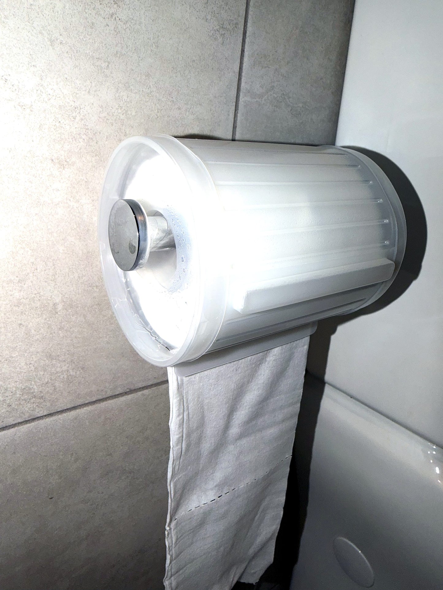 Wipeez wet wipe roll on bathroom holder, sheet hanging