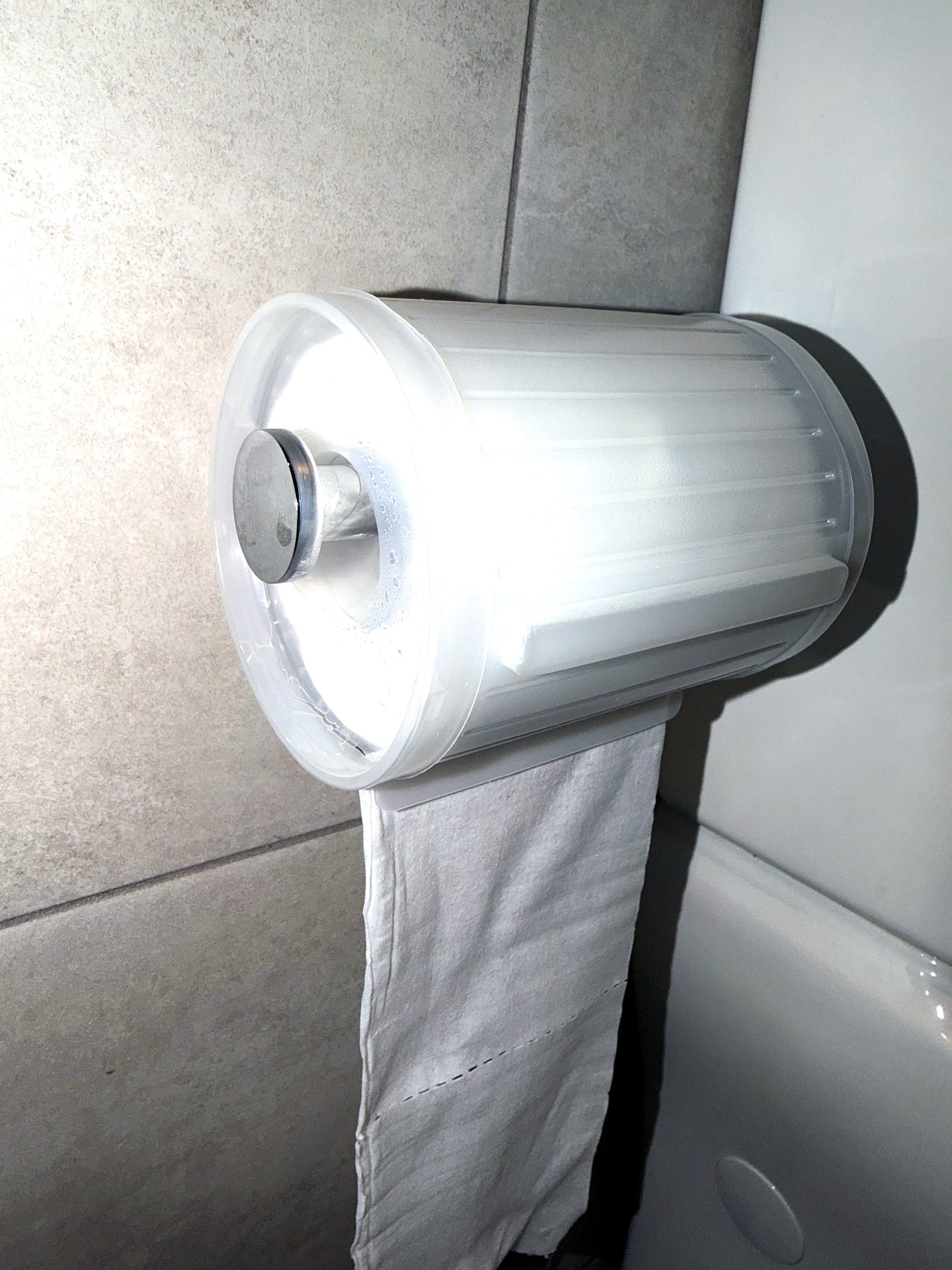 Wipeez wet wipe roll on bathroom holder, sheet hanging